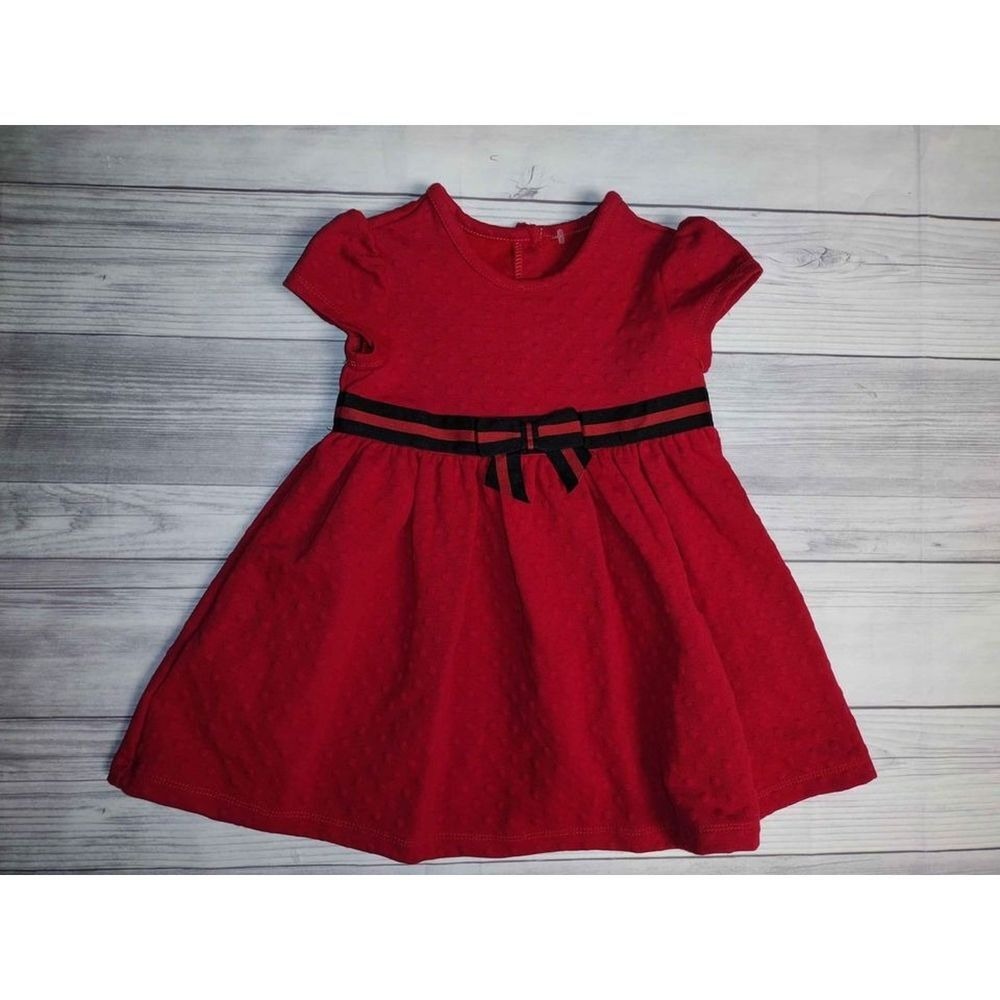 Little Me Girls Red Swiss Dot Dress Black Striped Bow Waist 4T Holiday Party